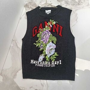 Ganni Charcoal Vest with Floral Embroidery